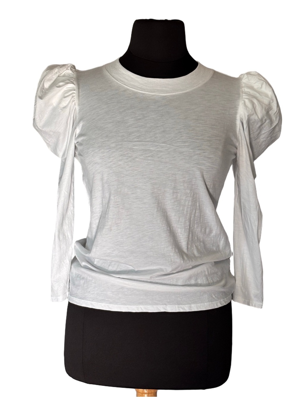 Nation Los Angeles Pima Cotton Puff Sleeve Long Sleeve Tee Button Neck White XL